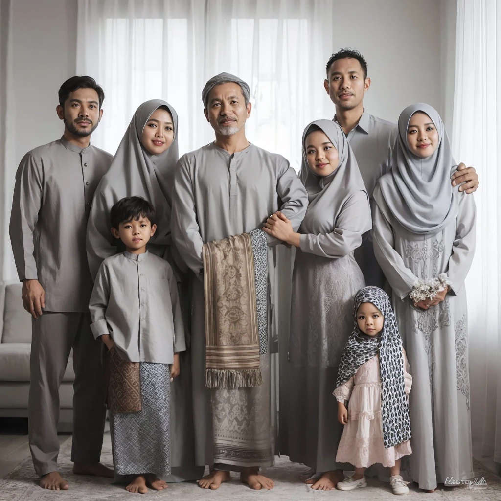 Family photo in Indonesia, EIGHT members. A 50-year-old man is carrying a 7-year-old boy, a 50-year-old woman carrying a 4-year-old girl next to them, and two adult man clean face and two adult woman with hijab standing behind, both 35 years old. They are all wearing matching grey-colored Muslim clothes and 'gamis', posing standing in the living room white wall and curtain. The photo is taken in a professional studio with high deta