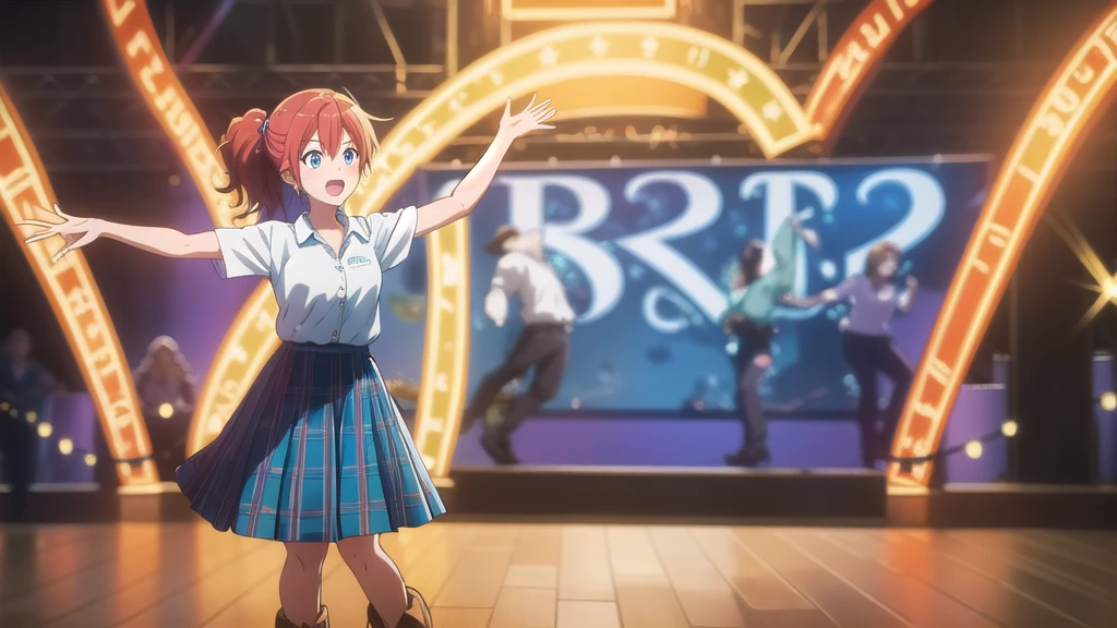 An anime-style illustration featuring a female character dancing to Bluegrass music. The character has long, flowing hair and is wearing a traditional bluegrass outfit with a plaid shirt, denim skirt, and cowboy boots. She is energetically dancing with a joyful expression. The background is a lively outdoor scene with a wooden stage, colorful banners, and a cheering crowd, capturing the energetic spirit of a bluegrass festival. The scene is vibrant and colorful, with detailed shading and gradients to add depth, and the character's eyes and facial expressions are emphasized to convey emotion.