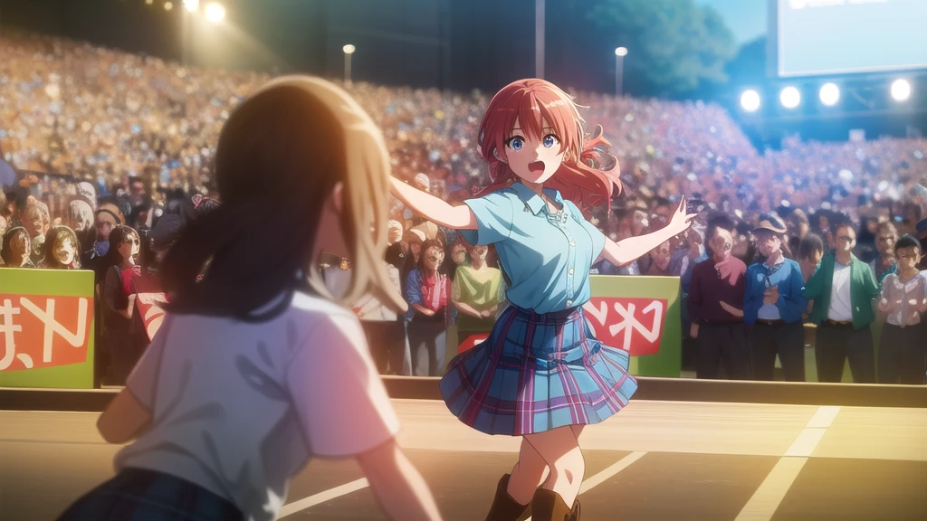 An anime-style illustration featuring a female character dancing to Bluegrass music. The character has long, flowing hair and is wearing a traditional bluegrass outfit with a plaid shirt, denim skirt, and cowboy boots. She is energetically dancing with a joyful expression. The background is a lively outdoor scene with a wooden stage, colorful banners, and a cheering crowd, capturing the energetic spirit of a bluegrass festival. The scene is vibrant and colorful, with detailed shading and gradients to add depth, and the character's eyes and facial expressions are emphasized to convey emotion.