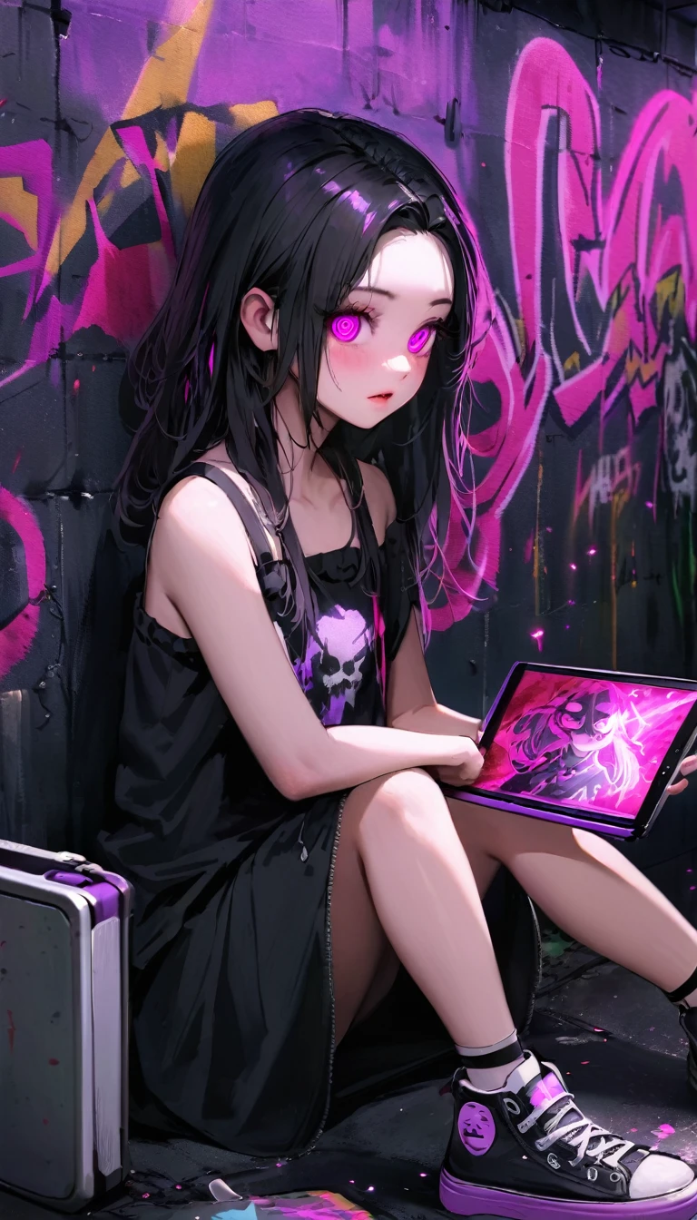 {Karl Thiart art style:1.3}, {Ryohei Hase art style:1}, {creepy atmosphere:0.9}, girl, {purple_theme}, hikimori, {{detailed eyes}}, {the dark room:1.1}, {neon light:1.2}, {{detailed hair}}, tablet_pc, {realistic:1.2}, bare shoulders, parted lips, {graffiti, graffiti art, graffiti style, graffiti drawing:1.3}, {red electric sparks, red electricity:1.3}, sits