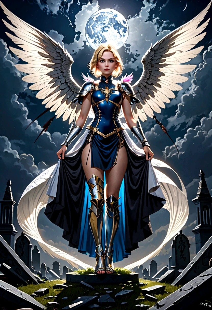 (a model shot taken from the rear: 1.5), 16K, ultra detailed, masterpiece, best quality, (extremely detailed), arafed, dnd art, portrait, full body, aasimar, female, (Masterpiece 1.3, intense details), female, paladin, holy warrior, spread large feathered wings, (wings sprouting from the back: 1.3), majestic wings, white angelic wings spread (Masterpiece, intense details: 1.5), moon light, moon, stars, clouds, holy symbol, armed with sword, short blond hair, dark fantasy cemetery background, anatomically correct (Masterpiece 1.3, intense details), angel_wings, determined face, god rays, cinematic lighting, glowing light, silhouette, from outside, photorealism, panoramic view (Masterpiece 1.3, intense details) , Wide-Angle, Ultra-Wide Angle, 16k, highres, best quality, high details, armored dress
