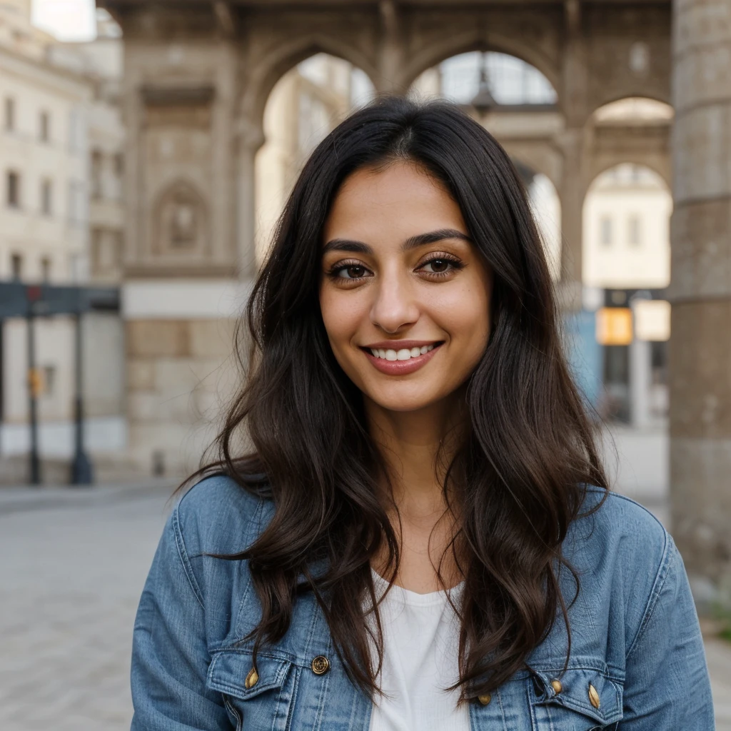 one cute women, 32YO, Arab/European, cute face, realistic light brown eyes, blue jacket, black hair, cute smile, skinny face, white realistic teethes, big eyes, long hair, no hands