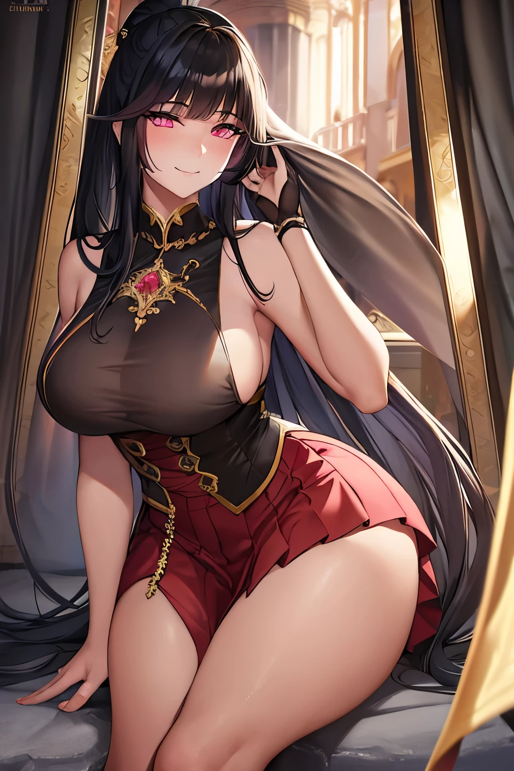 A 20-year-old chubby scholar girl, adorned with strong pink makeup, stands in a seductive and sensual pose, wearing a pleated skirt and a sleeveless top. Her dark golden eyes, beautifully detailed, gleam with an evil smile, framed by very long, black hair styled in a long black ponytail. A light and transparent veil, filled with charm and seduction, delicately drapes over her. This stunning beautiful artwork, a maximalist piece by artgerm, is presented in the highest quality 8k anime artwork, capturing every detail in its trending 8k photo. This masterpiece, with its best quality and best resolution,