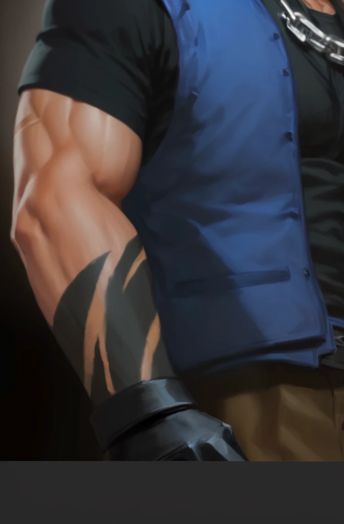 a close up of a man in a vest and a chain, extreme detail skin, detailed arms, hand painted textures on model, handpaint texture, skin spikes, heavy gesture style closeup, buff painting, hyperrealistic shaded, closeup of arms, hand painted textures, obsidians skin, realistic shaded, extreme hand detail, high detail skin, detailed with shadows, fined detail