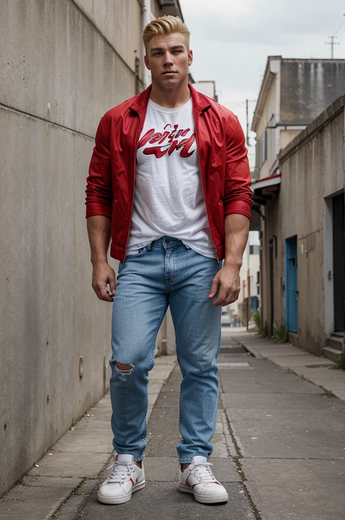 Draw a picture of a big muscular male character standing and holding a skateboard in his right hand, dressed in an open red jacket with a white t-shirt, blue jeans and shoes, with short blonde hair.