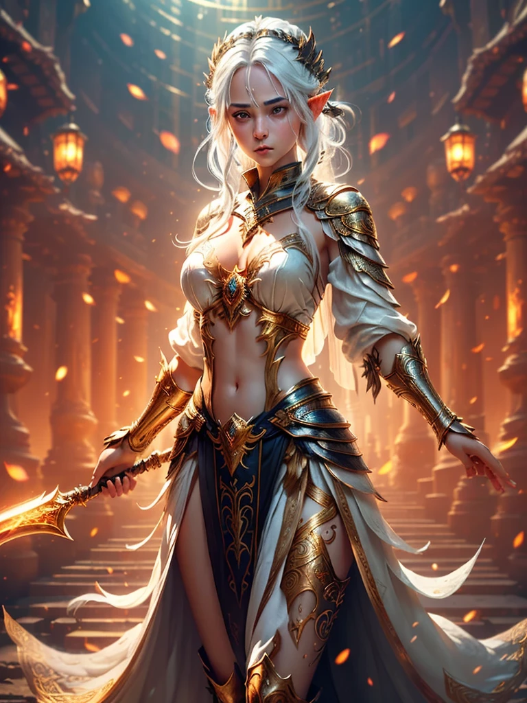 Elven girl with white hair, greatsword, master piece, full body, best quality, realistic epic, (black_marbled), (Blackwing: 1.3), intricate details, intricate patterns, golden powder, floating (golden cloth), detailed texture, glass broken, Divine Light, (((raven)), Golden Rose, gold foil, motion blur, depth of field, hologram, (medium breasts: 1.3), (realism:1.5), (Realisitc:1.4), ( Absurdity:1.4), 8k, ultra-detailed, Beautiful girl detailed, (only 1:1.4), 1girl, (Viewer facing:1.2), (Bright sunny day: 1.5), Intricate body details, (short:1.3 ), (best quality: 1.0), (Ultra Highres) : 1.0), highly detailed face and eyes, (photorealistic: 1.2)