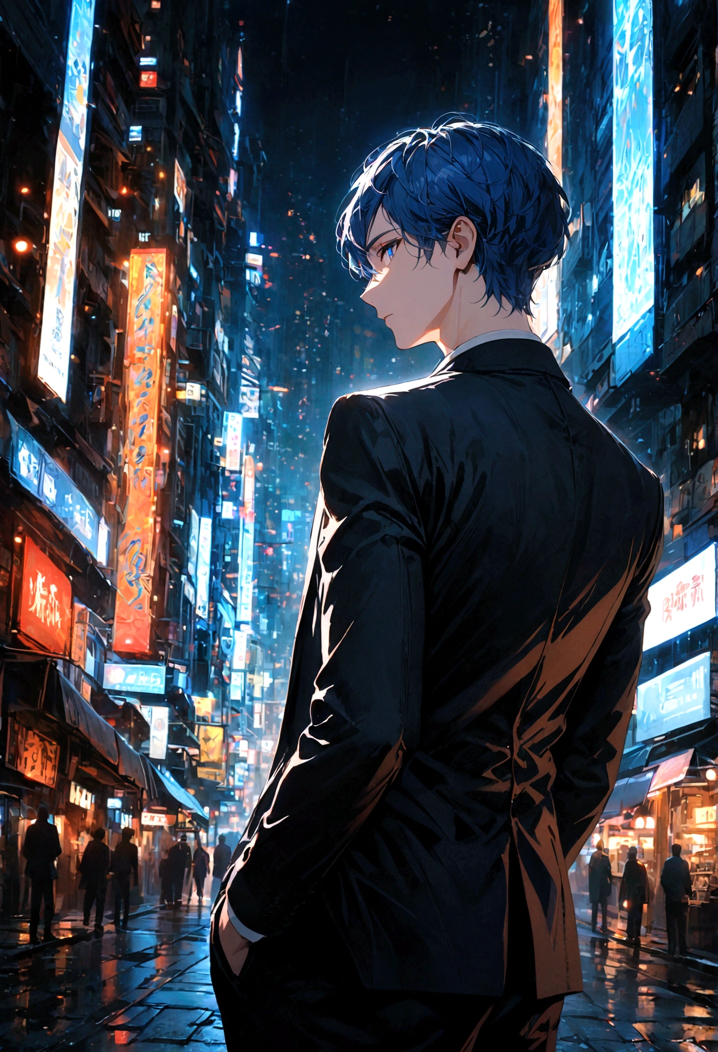 A man with blue hair and blue eyes in a black suit stood alone with his back turned halfway in the middle of the city at night.