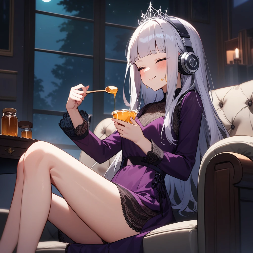 (masterpiece),(best quality),(ultra-detailed),(illustration),(degenerate),very aesthetic,nsfw,1girl,16yo,slender,long hair,silver hair,straight hair,(blunt bangs),closed eyes,comfortable,Silver headphones,light smile,An elegant and sophisticated outfit perfect for a party, featuring a purple velvet dress with green lace accents,long sleeves,Silver tiara encrusted with small red gems,bare legs,honey,Honey Dipper,Jar of honey,honey on face,eating honey,ecstasy,happy,inroom,couch,sitting,arched back,on couch,night sky,Lascivious atmosphere,fantastic atmosphere,moonlight,Moonlight through the window,forest landscape,backlighting,(darkness room),Lace curtains flutter in the wind,Toxic green colored lace panties,Old furnishings,dusty room,(A girl dependent on honey)