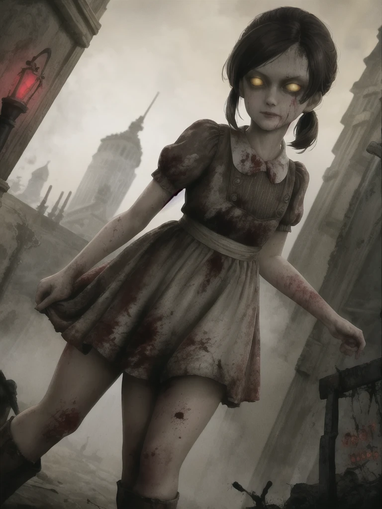 masterpiece, best quality, 1girl, lilsis, dirty, blood, muddy dress, black hair, dress, horror \(theme\), solo, yellow eyes, dark, yellow sclera, glowing eyes, creepy, haunted house background