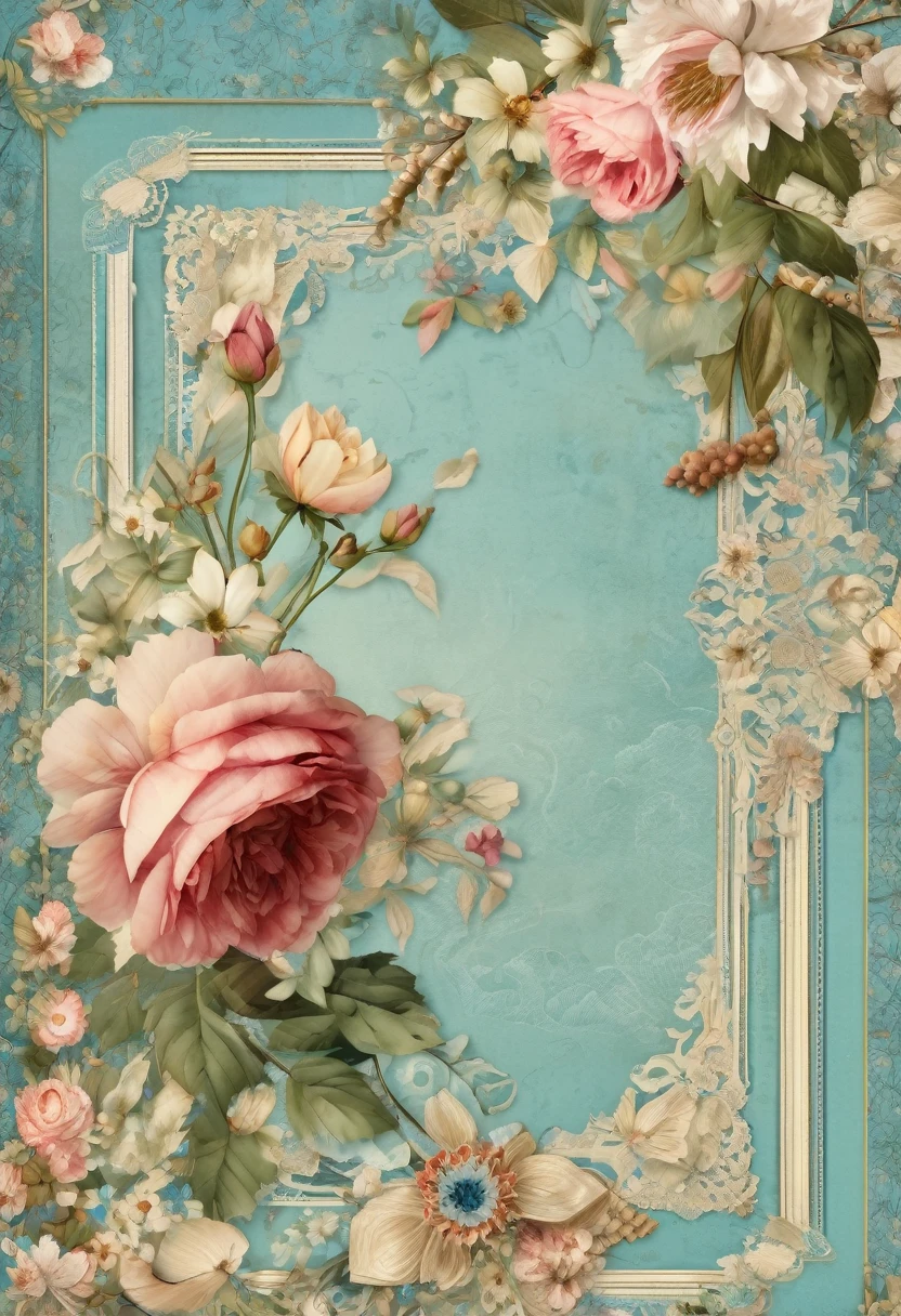 (overhead shot),(Masterpiece:1.4),delicate,8k,( Background Pages:1.4),race,Lots of ribon,Rococo, (VINTAGE BLUE SCRAPPY PAPERS), a selection of pretty pages with flowers that will work with,((Digital Paper:1.4))