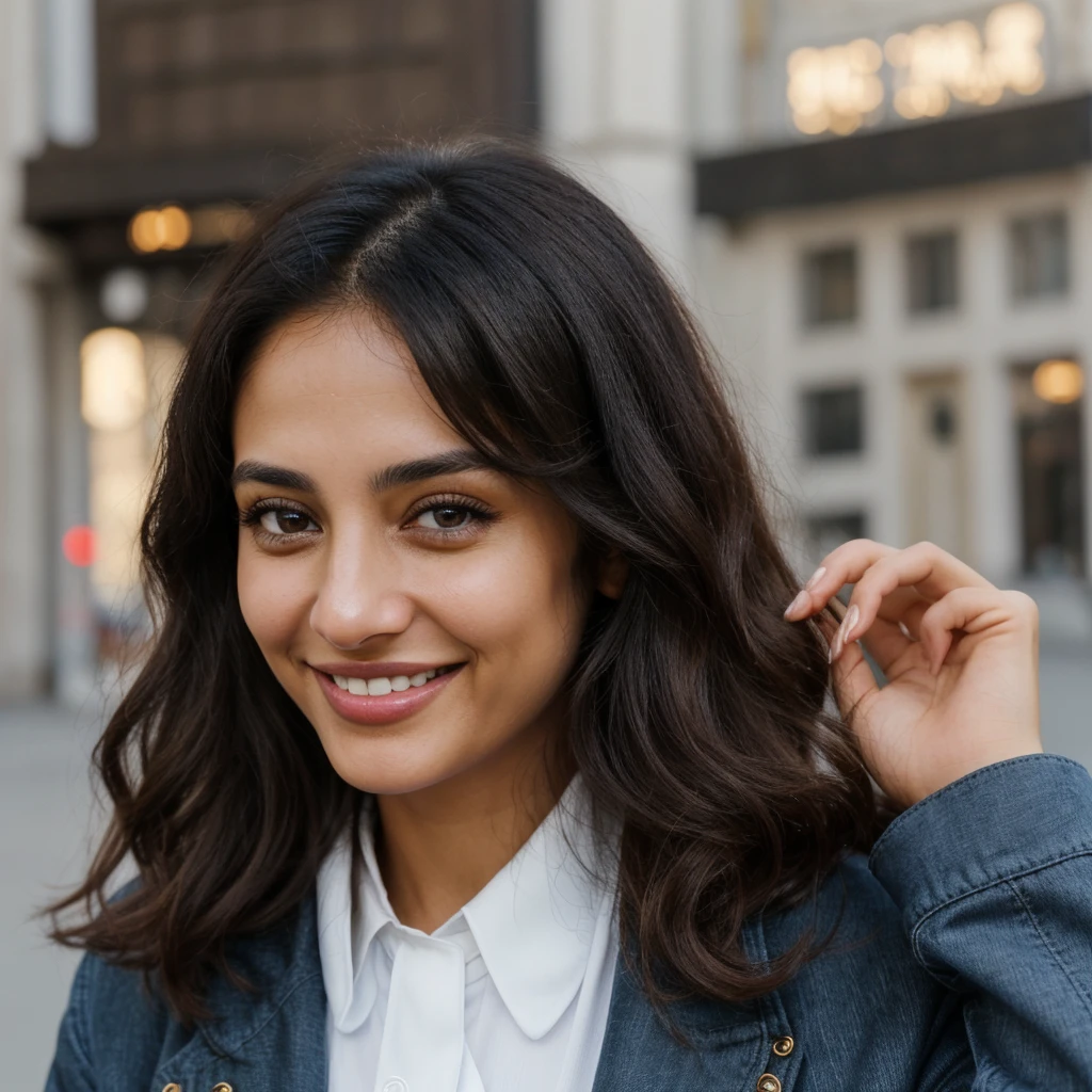 one cute women, 32YO, Arab/European, cute face, realistic light brown eyes, blue jacket, black hair, cute smile, skinny face, white realistic teethes, big eyes, long hair, no hands