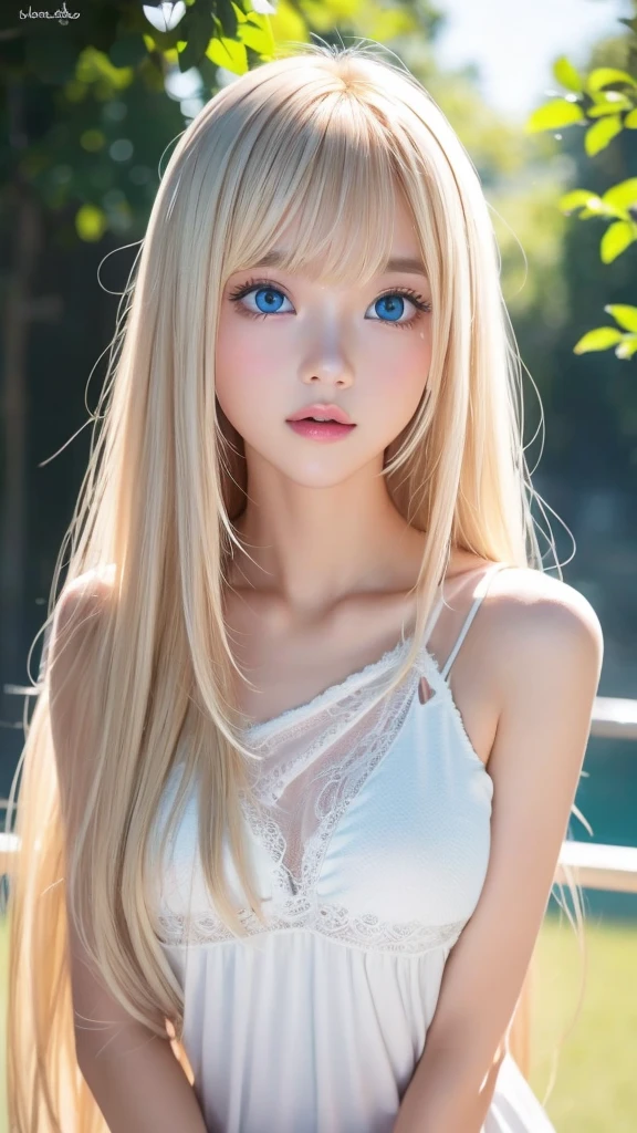 White shiny skin、Blonde hair color that changes with light、Long bangs obstruct the view、Glossy highlight on cheeks、The most beautiful face in the world、Super long gorgeous blonde hair、Smooth straight hair、Ample Bust、Big, bright, light blue eyes that shine beautifully、Beautiful bangs、Beautiful cute girl 、Round face、Small Face Beauty、Cheek highlighter