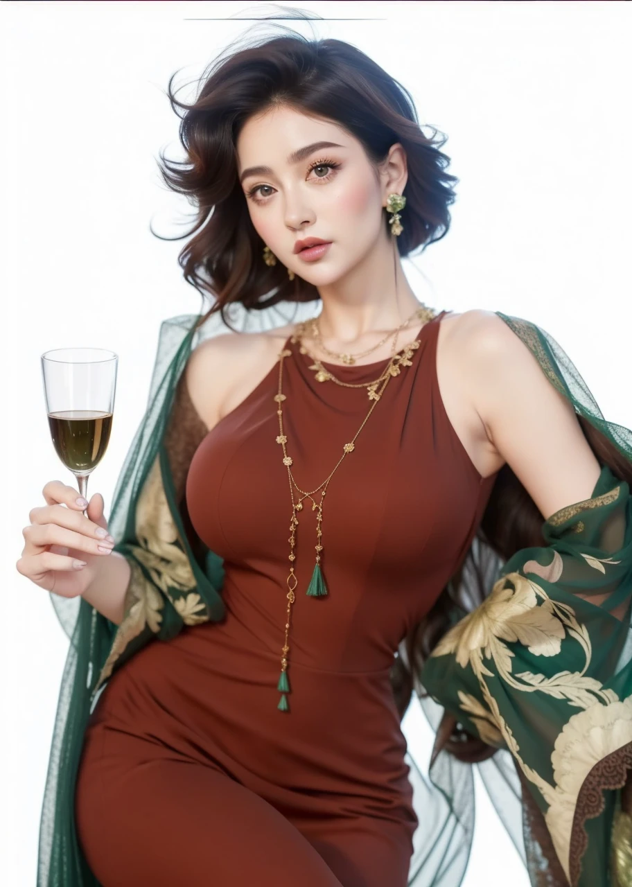(green dress:1.2),1girl,hourglass body shape,waist up,beautiful detailed eyes,beautiful detailed lips,extremely detailed face,long eyelashes,detailed intricate dress,natural lighting,vibrant colors,soft focus,photorealistic,8k,extremely detailed,masterpiece