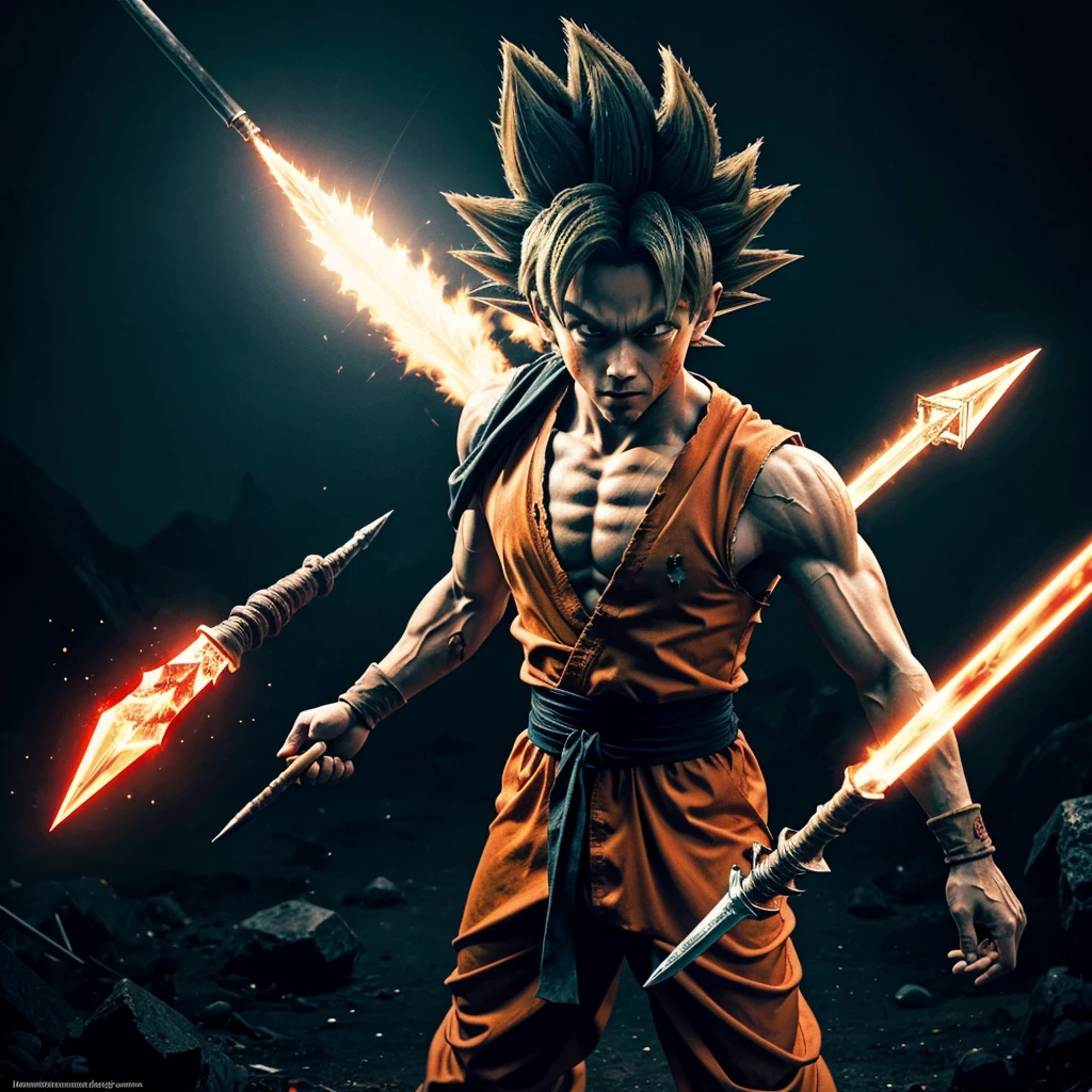 Draw Goku covered in blood holding a pure diamond shining spear, make the theme dark , grim and post apocalyptic style.
