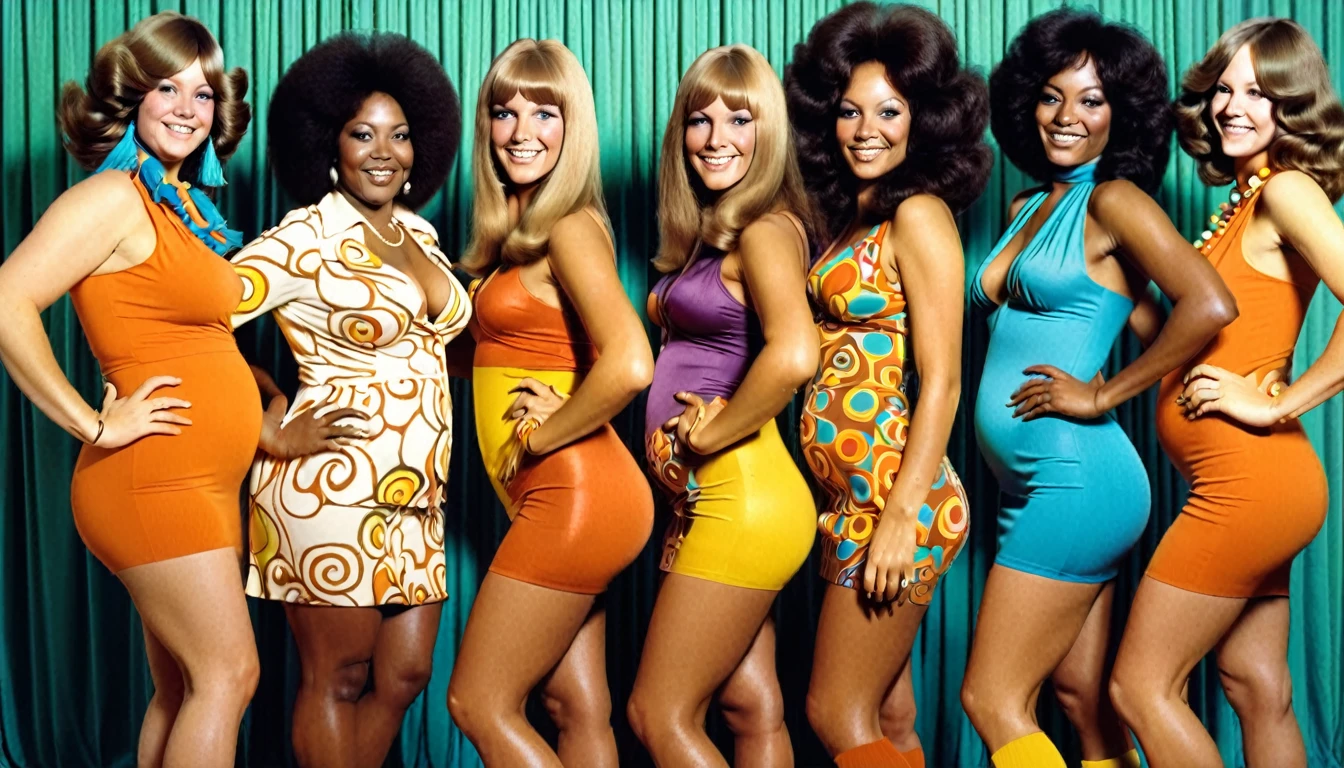 1970s party, beautiful multi-racial women with huge buttocks.