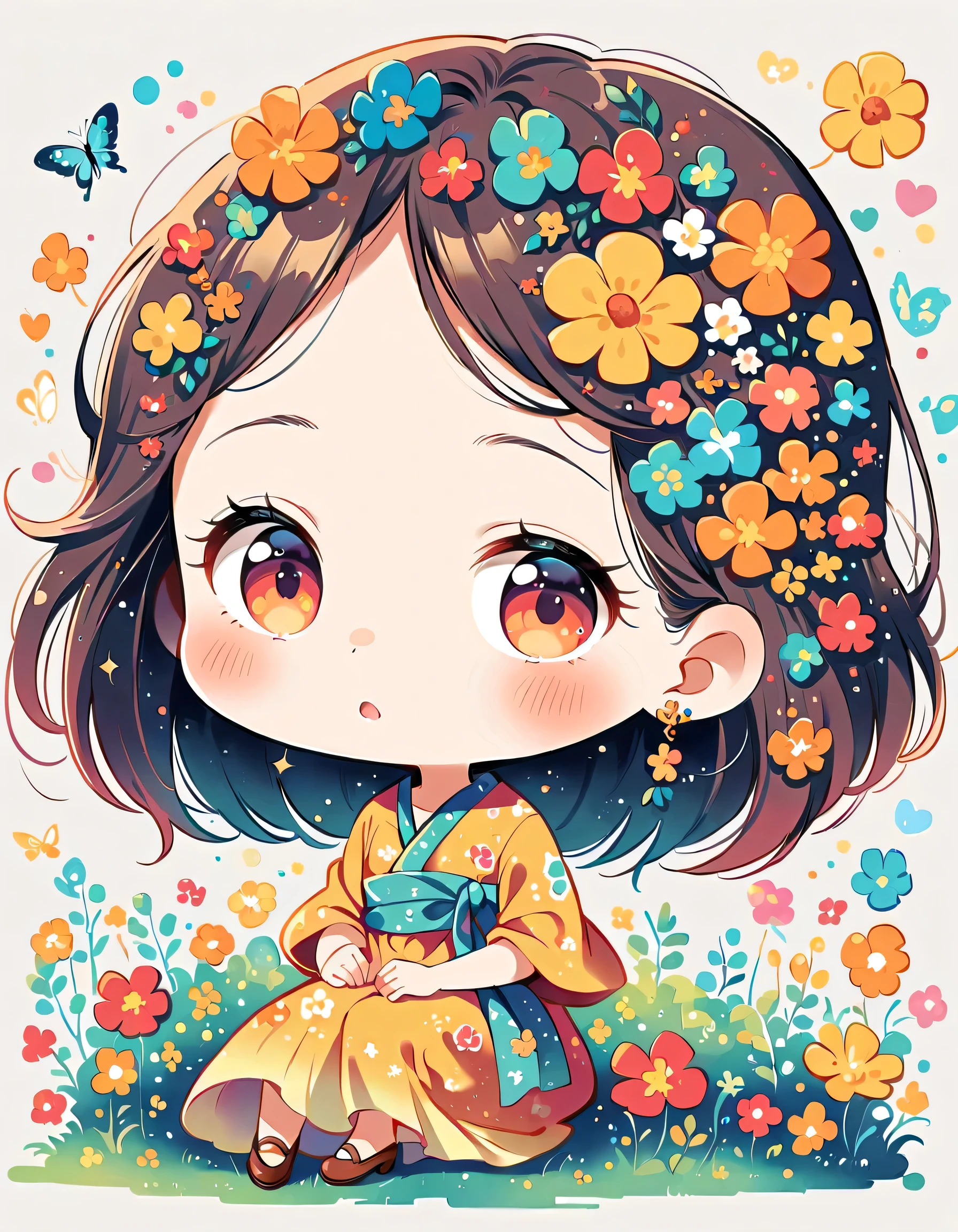 Hayao Miyazaki style, kawaii design,Dreams and Hopes,Simple Line Initialism,Abstract art,Urban Background, (((The most beautiful girl))), (((chibi))), picnic, colorful flowers, Colorful and cute pillbugs, dream and hoops