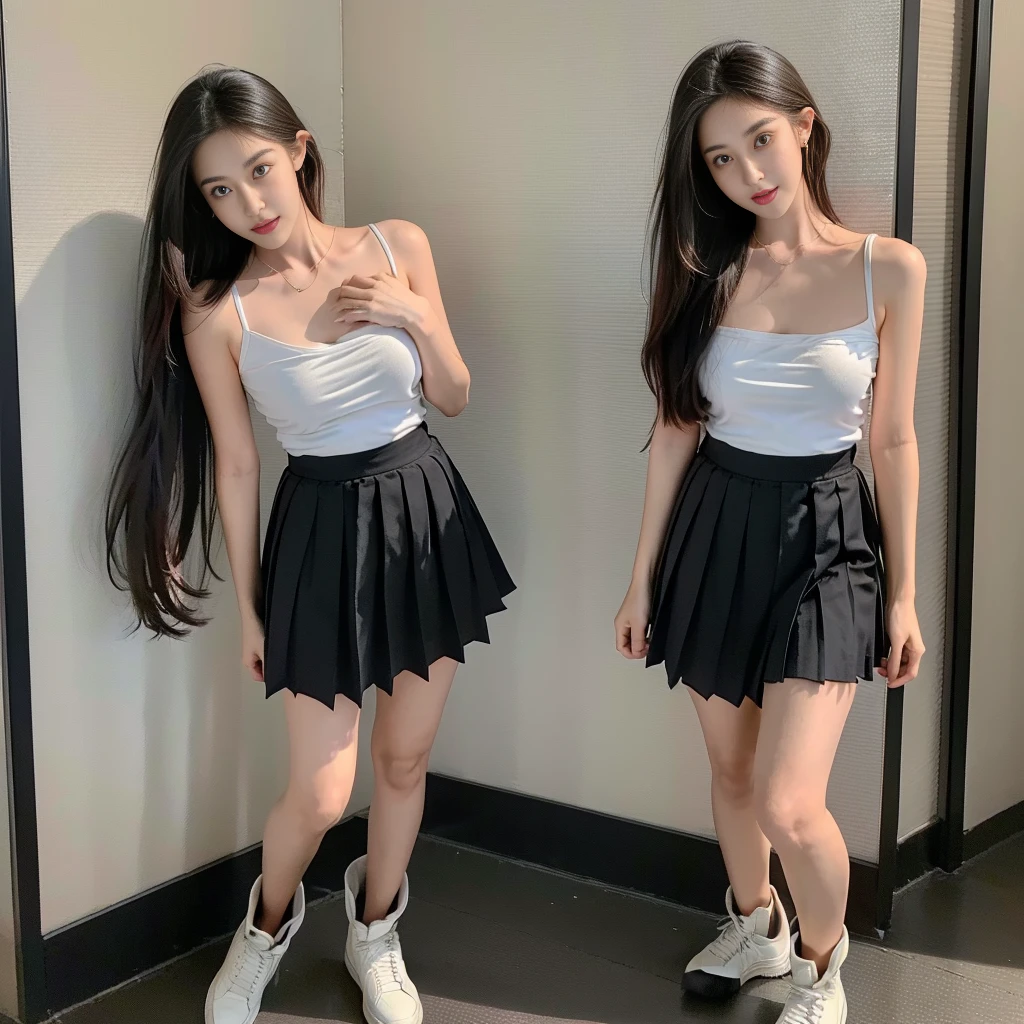 (Non-wrinkle, flat T-shirt, Shiny T-shirt), (white strapless DRESS), (LOWER BREASTS SHORT), (LONG WAIST), (Breasts tilting towards the upper chest :1.5), (Oversized T-shirt with excess fabric when tucked into a skirt), (Skirt full thigh), (knee-length outfit), (hair curled on both sides), (center shoes shot), ((full-body standing image)), (cover knee), (white t shirt), (Scottish pleated skirt), (bare shoulders), (bare arms), twinsies、The ultra-detailliert, (white t shirt), (cotton spaghetti-strap top), (cotton spaghetti-strap top), (cotton spaghetti-strap top), (cotton spaghetti-strap top), (long skirt), (A hem full flared skirt), (Hem full flared dress), (a girl pretty girl with perfect figure), (a photo of the night sky), (32K,1 20-year-old girl, The light from the rear room is backlit, Ray traching), (full body), (two-parted hair), (very thick hair), (Slender chest), (short upper chest), (pectoral muscles are large), (upper breasts are firm and round), (stand upright), (two shoe ends), (two shoe toes) ,(put on blush), (apply powder), (makeup), (standing), (asian girl princess), (Black non-reflective fabric for making skirt), (dark skirt), (thick thighs), (large calves), (large knees), (one-piece skirt), (seamless skirt), (long shins) , (big shins), (A hem full flared skirt), (Hem full flared dress), (A hem full flared skirt), (thighs meets knee), (black skirt), (black skirt), (black skirt), (black skirt), (knee gap), (knee gap), (knee gap), (Expose cleavage :1.3), (Scottish pleated midi skirt) (Super fine face and eyes), (Highly detailed face and skin texture, Detailed eyes, Double eyelid), (stading shot), (stading shot), , (Scottish pleated midi skirt), (Scottish pleated midi skirt), (knee-length outfit), (knee-length outfit), (knee-length outfit), (knee-length outfit), (Skirt full thigh), (Skirt full thigh), , (white sneakers), (a pair of white leather boots, highly detailed boots), (Breasts curving upwards), (Breasts pointing upwards)