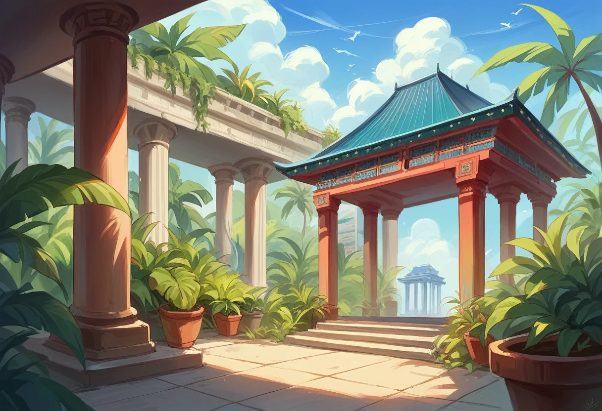 sketchinh and renderring with markers, one pillar pagoda building in Hanoi, tropical plants in spring, masterpiece, very high quality 16k