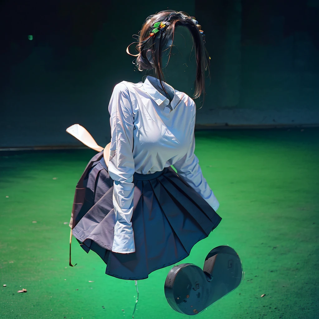 school blouse, plaid skirt, hands on own knees, leaning forward, fat, cute big breasts, (invisible, no human, headless, handless:1.5), (8k, RAW photo, best quality, masterpiece:1.2), (realistic, photo-realistic:1.37), photon mapping, radiosity, ((Hasselblad photography)), physically-based rendering