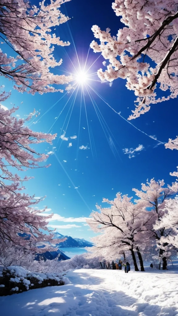 Logo、masterpiece、8K、On the table、RAW photos、wonderful、最high quality、フォトrealでVery detailedなCG統合8K壁紙、high quality、Very detailed、narrative poem、Particle Effects、dynamic effect、Character border depth、light、lens flare、Ray tracing、On the table、real、Ultra-high resolution、fantasy、night、Wind、dark、雪とFrost、Cold winter days、Snow Mountainや森、Frost、Snow Mountain々、Frost凍樹木的美麗和光彩、Quiet and beautiful grassland in the world of ice and snow、Vast land、lakeside、wonderful景色、美しい自然のWind景、night空、Wind、Cherry blossoms、Cherry blossoms花びら舞っている、Cherry blossoms吹雪、falling petals