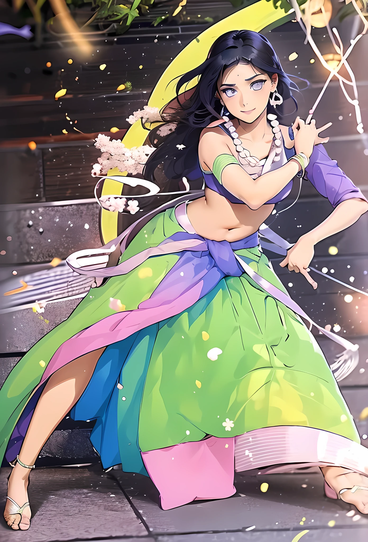 Hinata Hyuga (from Naruto),A beautiful, traditional Indian saree. You can choose a specific region's style for the saree, like Kanjeevaram or Banarasi, navel exposure
The saree can be a pastel color that complements Hinata's hair and eye color, or a vibrant color that reflects her newfound confidence.
Include elegant jewelry like bangles, earrings, and a necklace that would suit Hinata's personality, Hinata standing gracefully, perhaps with one hand behind her back, and the other hand curved at her hip, focus on capturing Hinata's gentle beauty and newfound confidence,Indian dress,saree,Hinata hyuuga, hyuuga hinata,hinata,pearl99saree99,h,better_hands