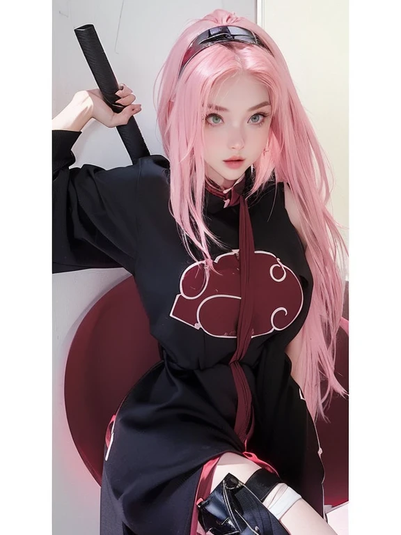 young woman, short shoulder-length pink hair, wide forehead, porcelain skin, pink eyebrows, big emerald green eyes, buttoned nose, full lips, heart-shaped face, slender body, small breasts, red tank top, Sakura Haruno , realistic, realism, details, 3d, well detailed