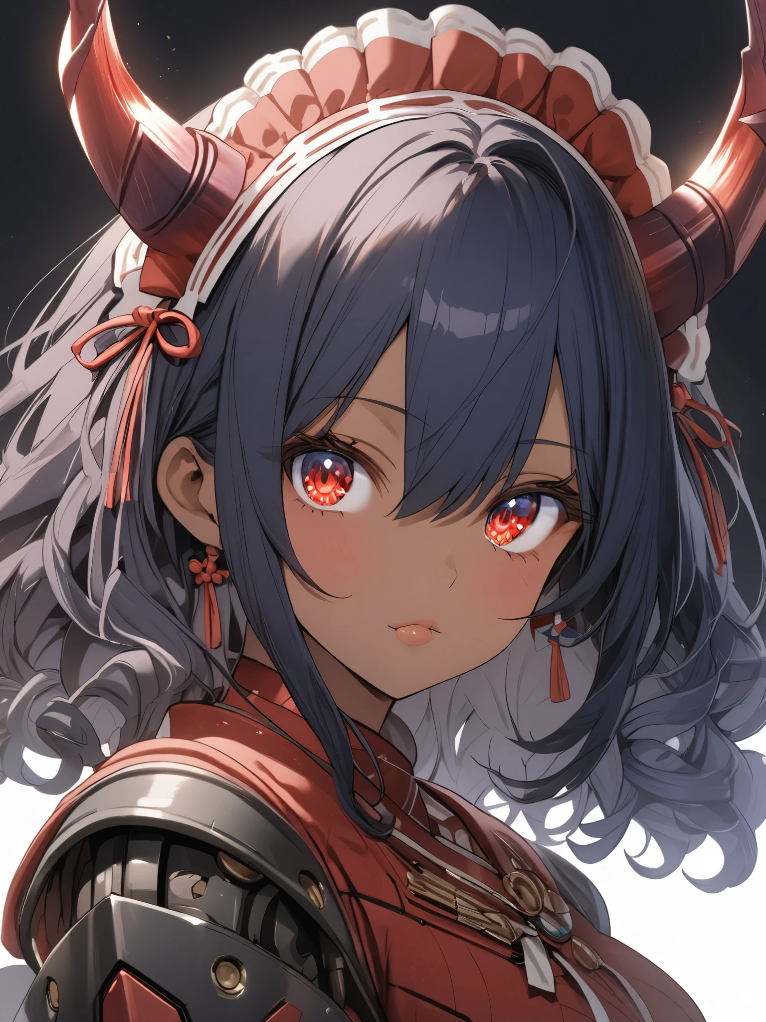 score_9, score_8_up, score_7_up, best quality ,masterpiece, 4k, Japanese anime, 1girl, (dark skin:1.2), navy blue hair, medium length hair, blue ribbon, drill hair, wavy hair, (mechanical dragonhorn:1.5), (mechanical wing:1.2), (eye lashes:1.3), (eye shadow:1.3), red eyes, (beautiful detailed eyes:1.4), (porty lips:1.2), 130cm tall, original character, fantasy, (blackbackground:1.2), (full body:1.8), beautiful fingers, standing, (red black lace frill armor dress:1.5), (mechanical headdress:1.5) , shoot from front, looking at viewer  , 