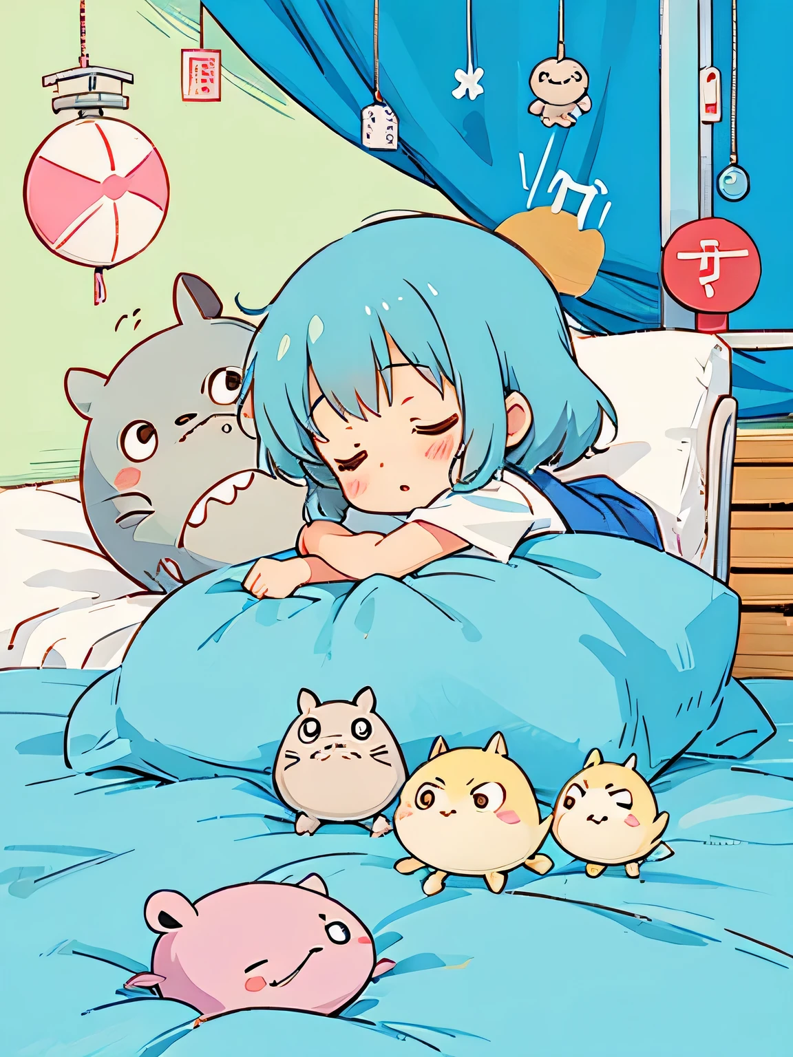 Hayao Miyazaki style, Kawaii Design, most beautiful girl ever、Chibi, nap , Totoro, hospital bed