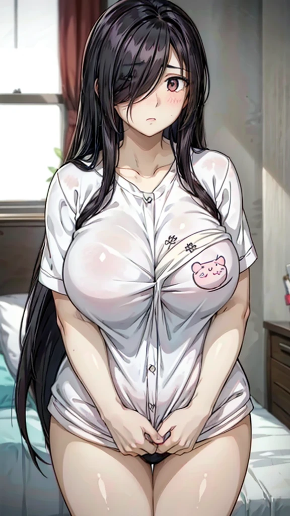 1girl,perfect ,black hair, long hair, (hair over one eye:1.4), messy hair, hair between eyes, plump, chubby,fat, saggy breast, cute motif pajama, cute shy blush on , bedroom
