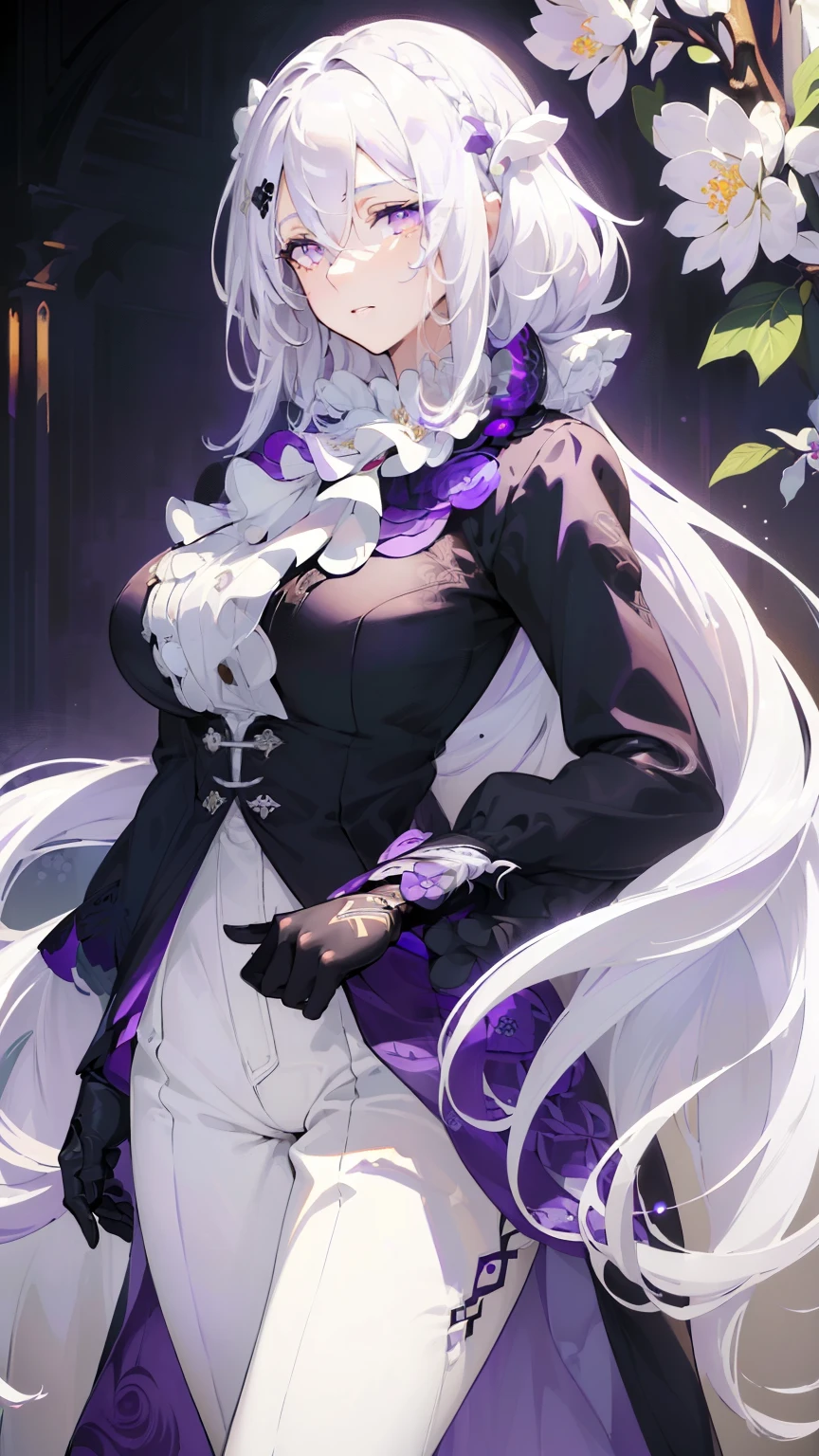 (best quality:1.3), (masterpiece:1.3), (illustration:1.3), (ultra-detailed:1.3), 1girl, (((large breasts))), ((((purple eyes))), (((white hair))), hair between eyes, hair ornaments, tall, mature, long hair, black suit, ascot, long sleeves, white long pants, hair between eyes, purple flowers, hair ornament, french braids, nice hands, perfect hands, mature, low ponytail, boots,