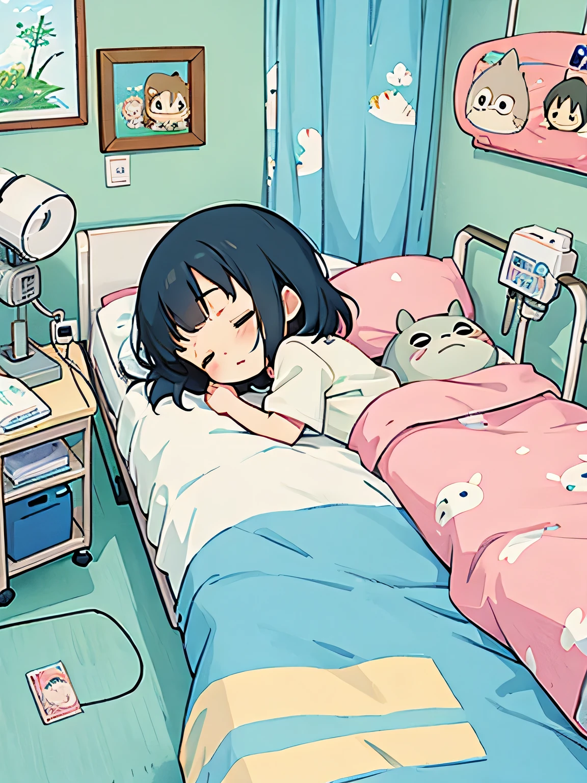 Hayao Miyazaki style, Kawaii Design, most beautiful girl ever、Chibi, nap , Totoro, hospital bed