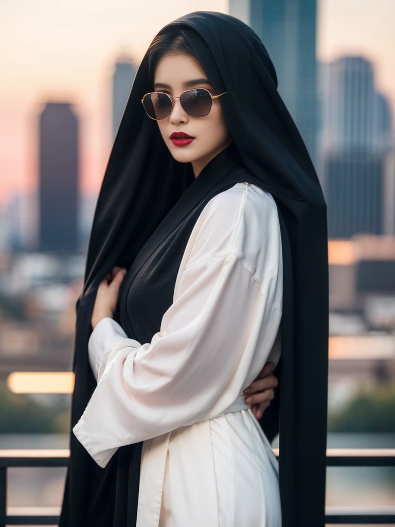 a beautiful iranian woman wearing a long black robe, headscarf, black sunglasses, red lipstick, standing in front of skyscrapers at sunset, photography, (best quality,4k,8k,highres,masterpiece:1.2),ultra-detailed,(realistic,photorealistic,photo-realistic:1.37),vivid colors,dramatic lighting,cinematic compositio