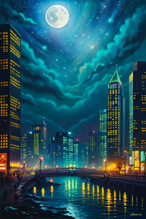 highest quality、Landscape painting、Neon lights in the city、Starry Sky、moon