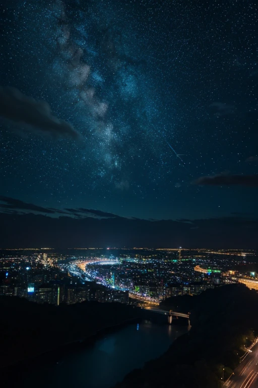 highest quality、Landscape painting、Neon lights in the city、Starry Sky、moon