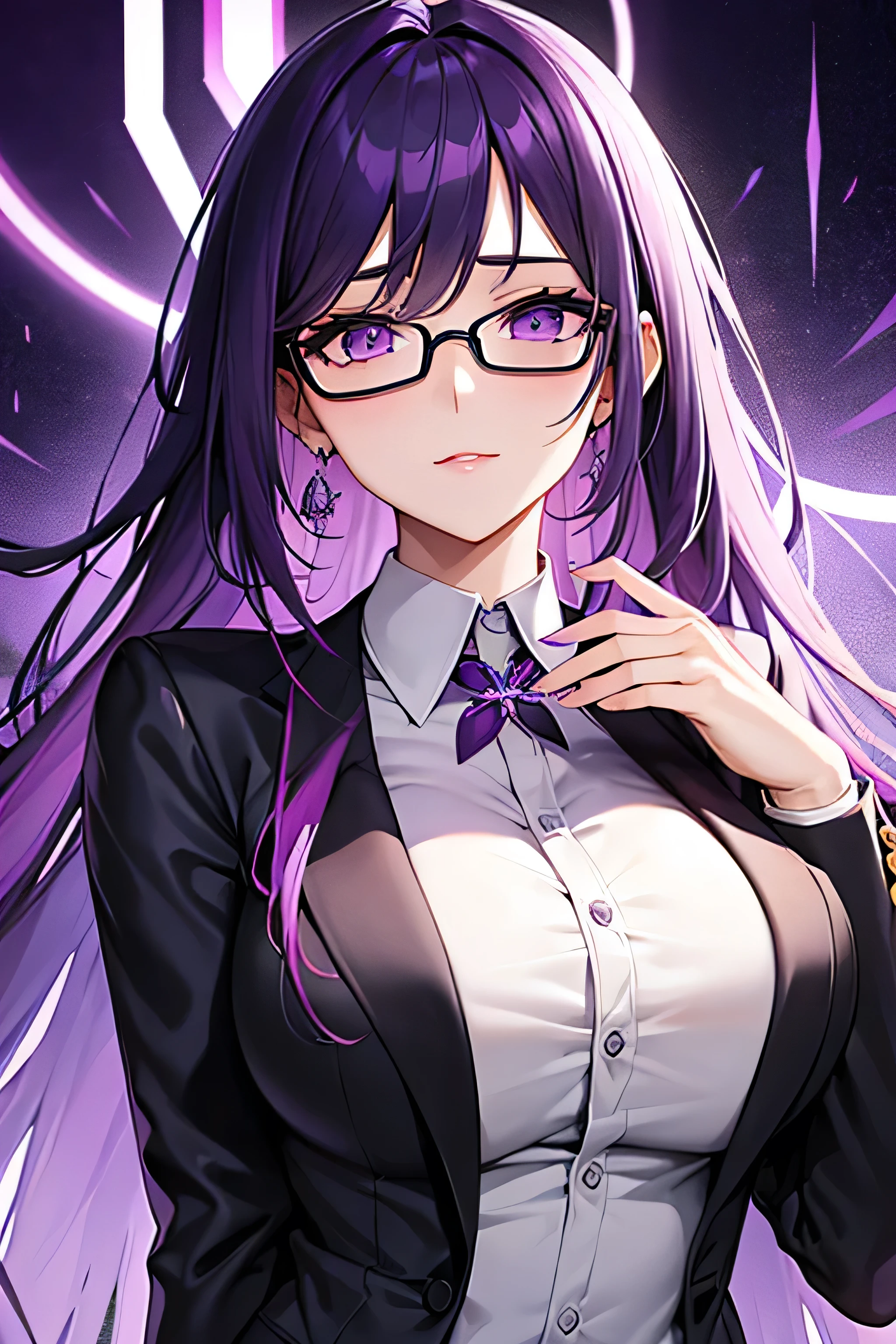 beautiful woman, with purple long hair, violet eyes, purple lips, in a black suit, wears clear glasses, sharp business suit