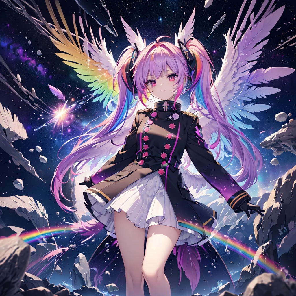((Archangel　Fantasy　Rainbow Hair　Make your hair rainbow-colored on the inside　Twin tails　Dull red eyes　Has a galaxy　uniform　Put on a coat without putting your arms through it　Wings many times larger than mine　rainbow gradient feathers　Lonely　Smiling Kindly　front))　((tears　gloves))　(Broken glass　Rolling Pebbles　Distorted Space-Time　star)　Catch the wind　milky way　Shining Background　Particles of light, rainbow colored edges　star