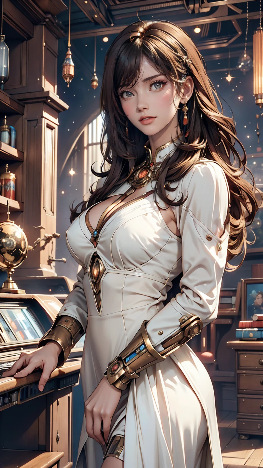 people々Image of a woman in her 50s wearing a white dress standing in front of, 70s Sci-Fi Art, Attractive brown haired woman, Movie stills, Hypermaximalist, Promotional Rendering, By Menez, Cosmic Bjork, steampunk, Velma, Mars Attacks, Around 1970, CP2077
