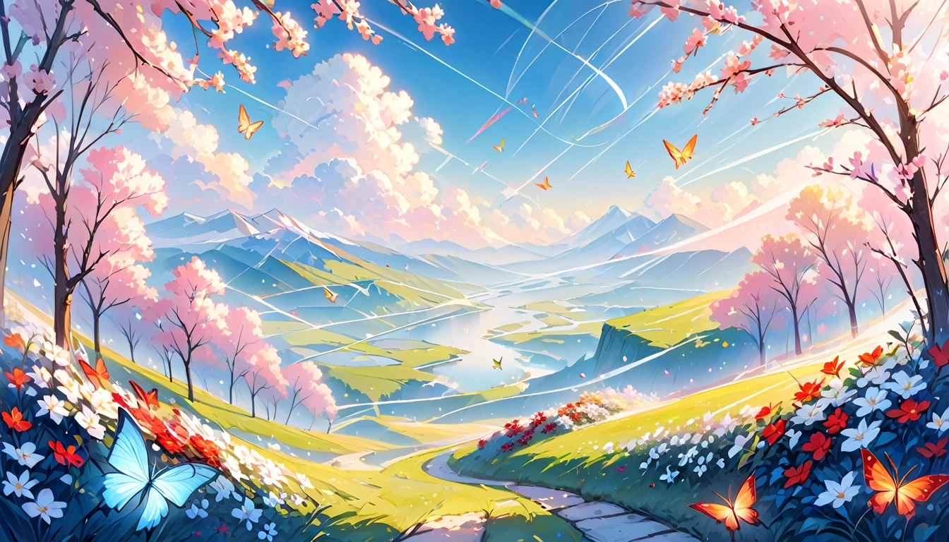 This is a landscape painting with a dreamy foreground, highlighting lines and minimalism in a state of transparent white gauze; The background features flying wreaths, butterflies, using the Moranti color scheme in an abstract sci-fi style