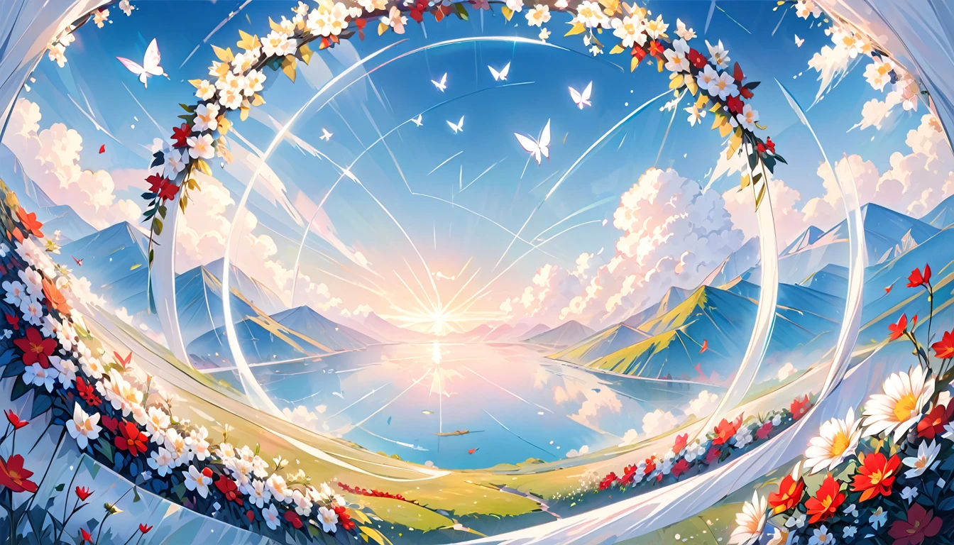 This is a landscape painting with a dreamy foreground, highlighting lines and minimalism in a state of transparent white gauze; The background features flying wreaths, butterflies, using the Moranti color scheme in an abstract sci-fi style