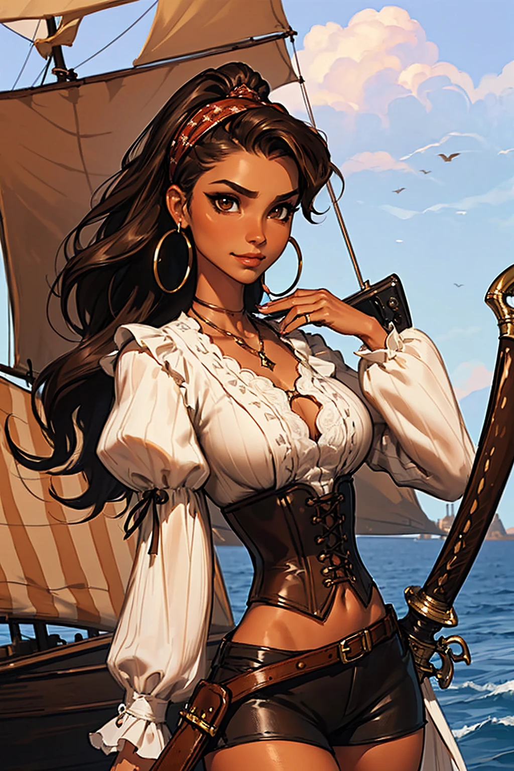 (masterpiece), best quality, expressive eyes, perfect face, (pirate ship background), (standing), (smirk), (closeup view), (1girl, vanessa alessia, dark skin, tanned skin, brown hair, wavy hairstyle, brown eyes, hourglass figure, thin body, skinny body, petite_body, medium breasts, thick thighs, long fingernails, brown plaid head wrap, white front lace blouse, long sleeve, loose fit, brown leather corset, brown leather shorts, brown boots, sheathed cutlass sword, flintlock pistol in holster, hoop earrings, miscellaneous jewelry)