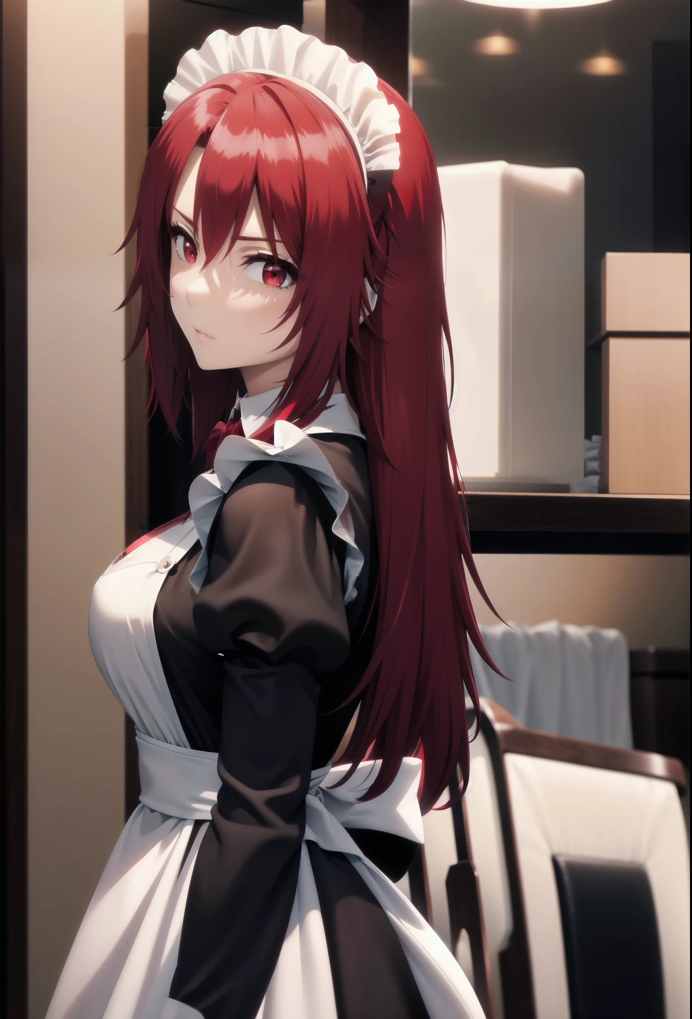 best quality, red hair,red eyes,masterpiece, highres, solo, (maid:1.40), (long maid dress:1.15),