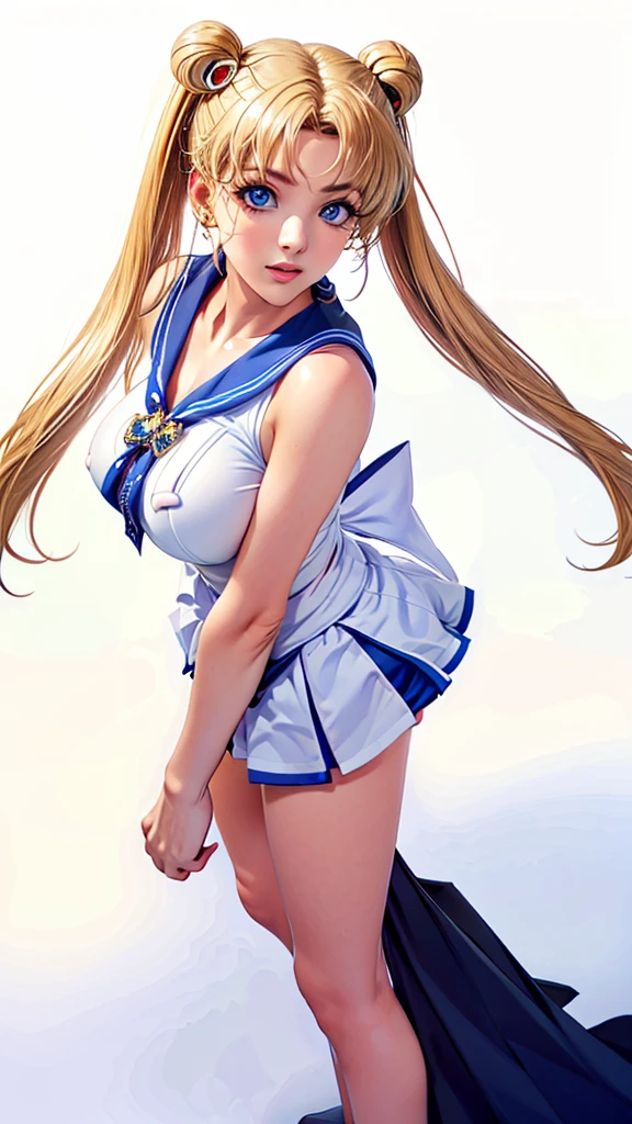 (((Perfect body,White and tender skin,(((Blue and white sailor suit, black high heels, and a bright red bow on the chest))),(((SMUsagiTsukino,Slender and soft golden hair, crystal clear and delicate skin, bright blue big eyes, thin cherry colored lips,,))),((masterpiece)),highres,((Best quality at best)),masterpiece,quality,Best quality,((( Exquisite facial features,Looking at the audience,There is light in the eyes,(((lol,happy))),))),(((Light and shadow,Huge breasts,))),(((Looking at the camera,black background,))))