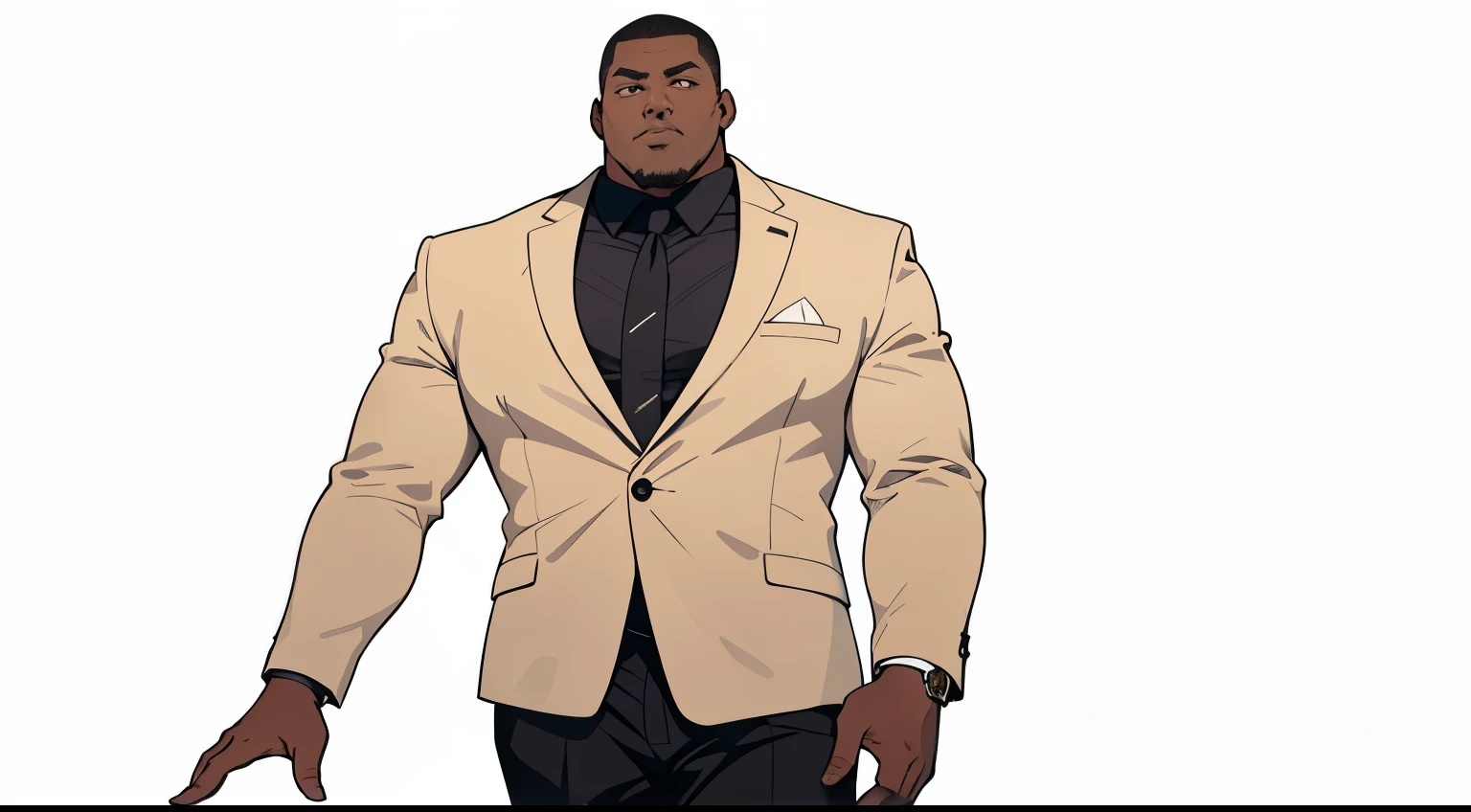 A big man in a big suit、gang、boss、Black Y-shirt、Black trousers、black tie、Beige jacket