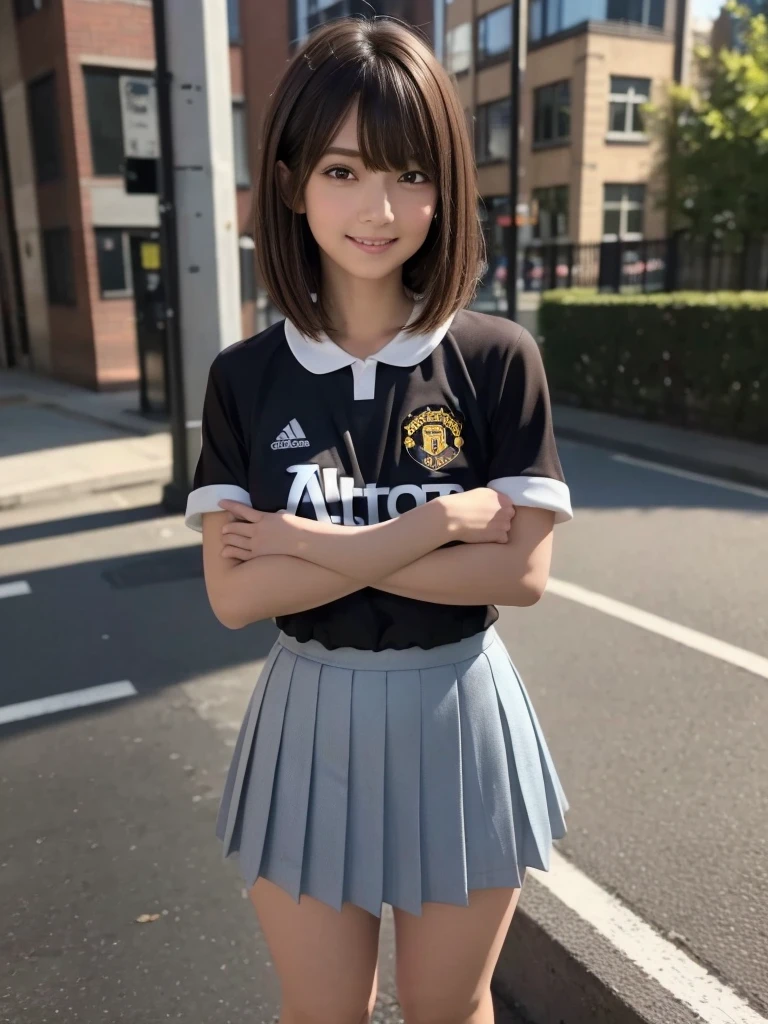 (8k, RAW Photos, highest quality, masterpiece:1.2), (Realistic, photo-Realistic:1.4), (Highly detailed 8k wallpaper), ((Full Body Shot)), (1 girl), Sharp focus, Depth of written boundary, Cinematic lighting, Soft Light, 緻密な美しさのeye, eye_Chan, Very beautiful 17 year old girl, innocent big eyes, Realistic, photo Realistic, Highly detailed cute girl, (Thin thighs), (Model Body Type), 18-year-old, (((manchester united soccer jersey))), ((Micro Mini Pleated Skirt)), (((Fold your arms in front of your chest and act arrogantly))), ((A happy smile)), Parted lips, Watching the audience, (On the streets of Britain) , (Brown Hair),(Short Bob Hair), (Asymmetrical bangs)