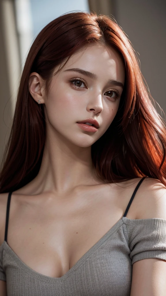 Realistic portrait of a 25-year-old woman. Red hair, beautiful woman, very natural face, perfect beauty, mix of Nathalie Portman and Ariana grande's face. High resolution, 4k