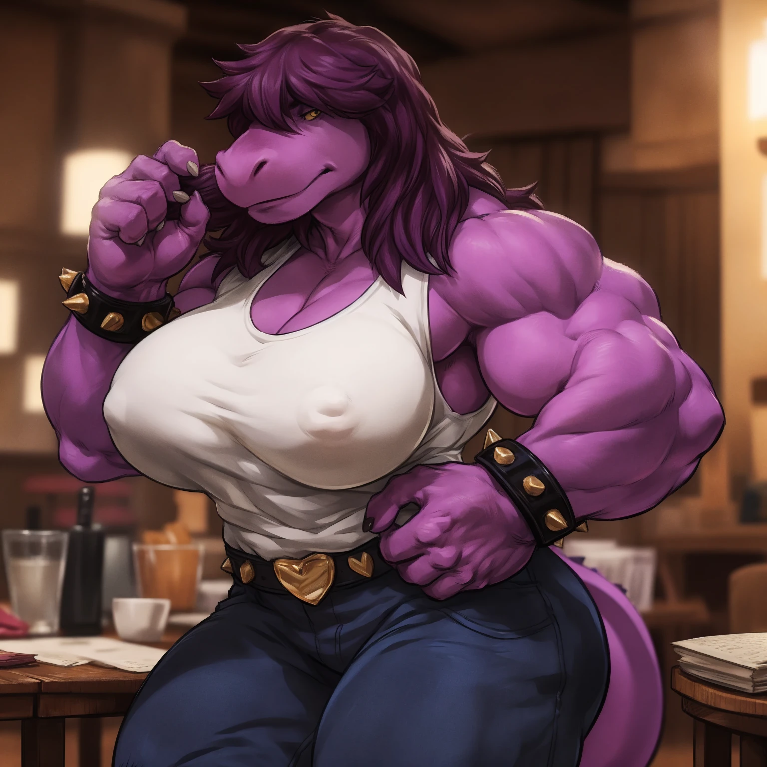 susie, susie deltarune, muscular, strong, plump, heavy, dragon, short stack, female, arnold schwarzenegger, large breasts, (nipple outline:0.7), bodybuilder pose uploaded on e621, (detailed background, depth of field), (intricate:1.1), (high detail:1.2), (soft focus), (masterpiece, best quality, 4k, 2k, shaded, absurd res), by darkgem, by wfa, by gideon,