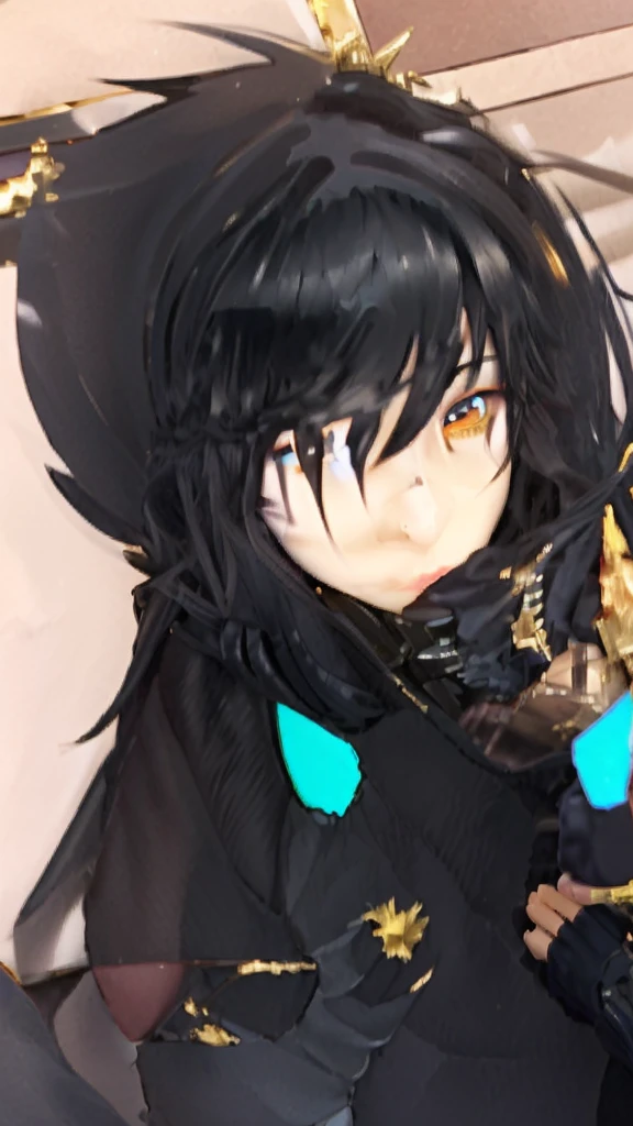 1 boy, black hair, gold eyes, black clothes, hugging a doll, anime, realistic
