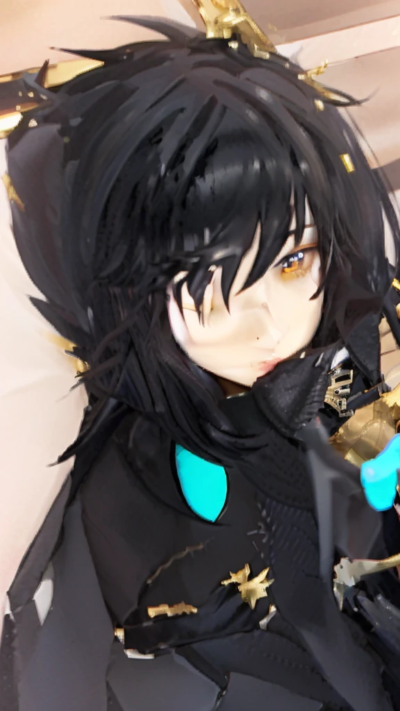 1 boy, black hair, gold eyes, black clothes, hugging a doll, anime, realistic