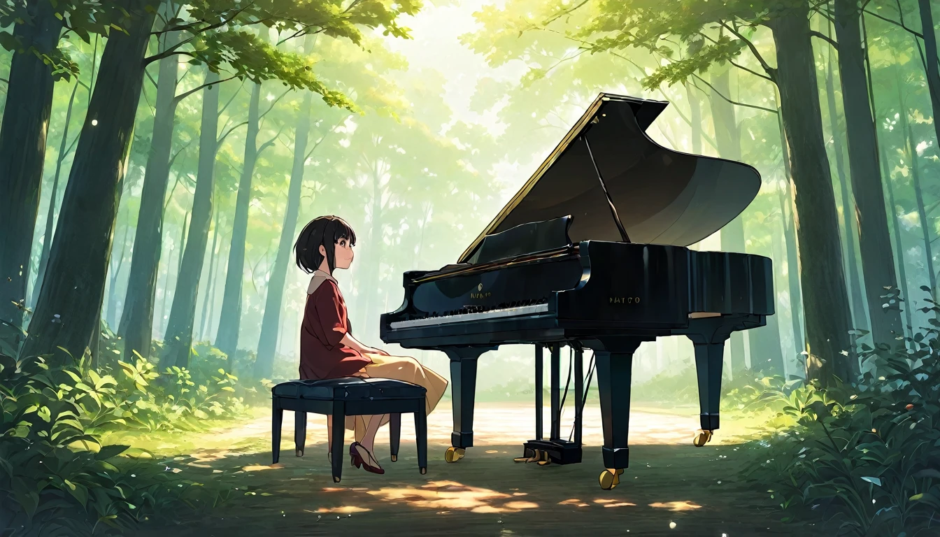 青い紅葉のwoodの下置かれた黒いグランドピアノ、wood々の間からwood漏れ日がキラキラしている、Makoto Shinkai-style anime touch、Deep green forest、1 grand piano