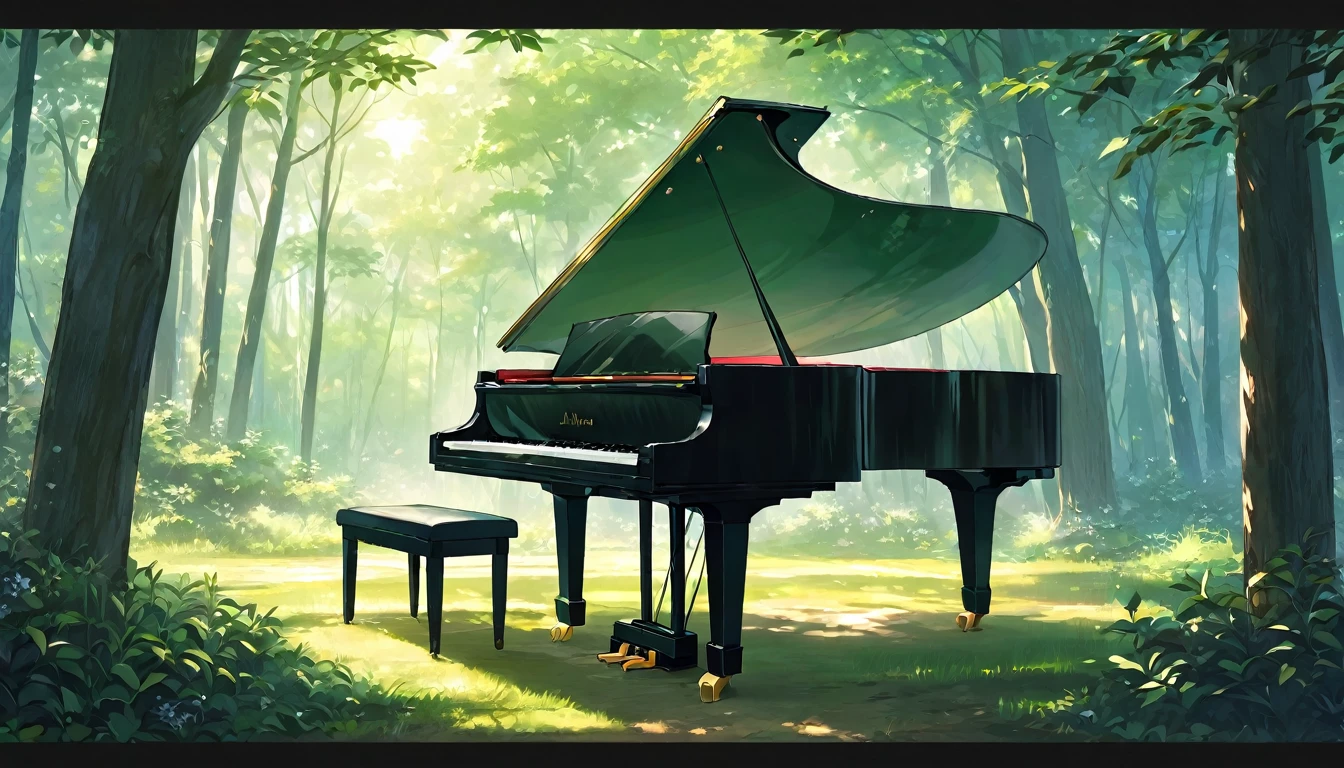 青い紅葉のwoodの下置かれた黒いグランドピアノ、wood々の間からwood漏れ日がキラキラしている、Makoto Shinkai-style anime touch、Deep green forest、1 grand piano